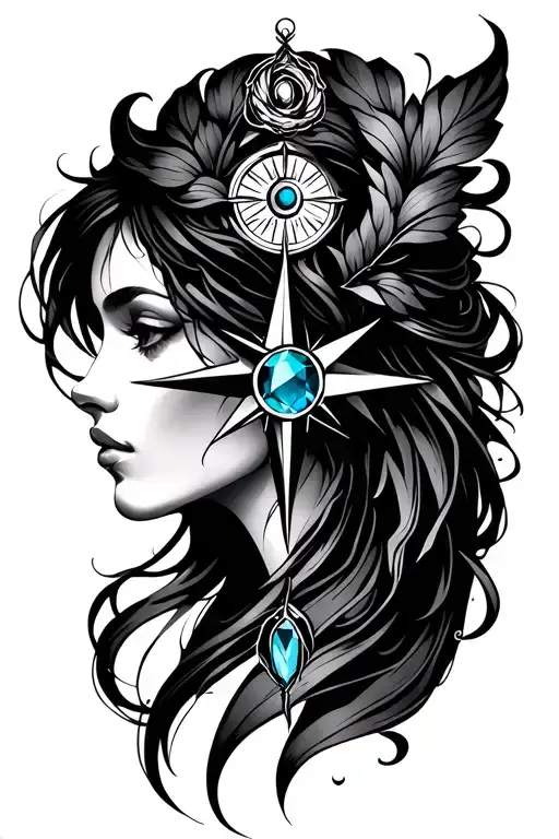 Feminine Compass Rose With Aquamarine Gemstone