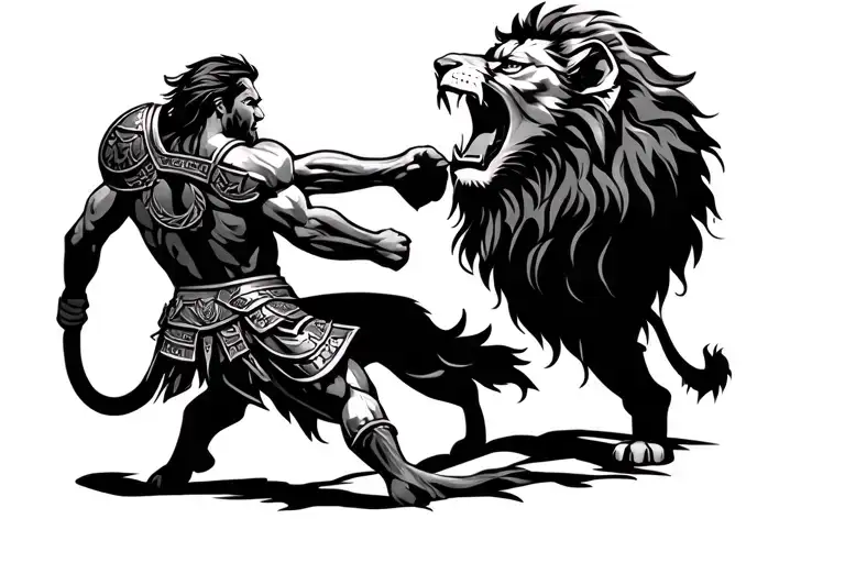 A Murmillo Gladiator Fighting Lion Roaring