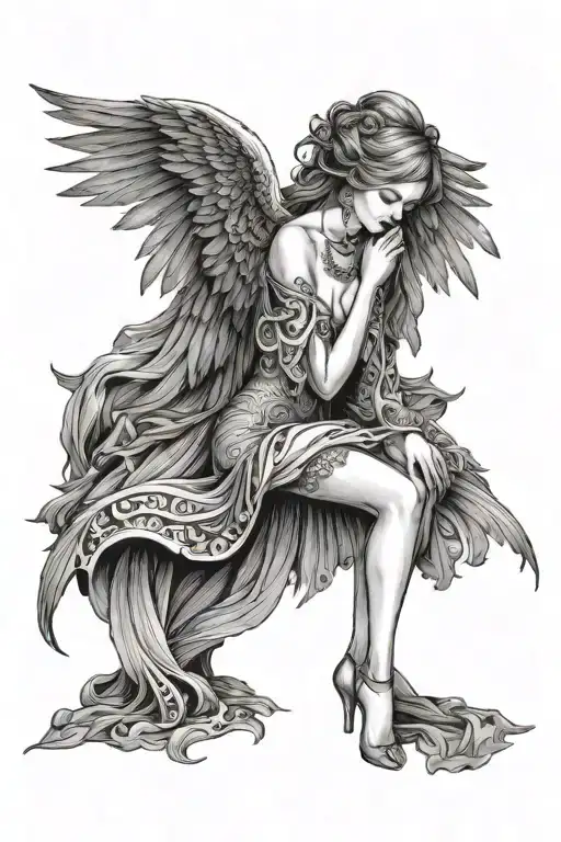 Couching Female Wearing Gown Surrounded By Large Wings With Head Down