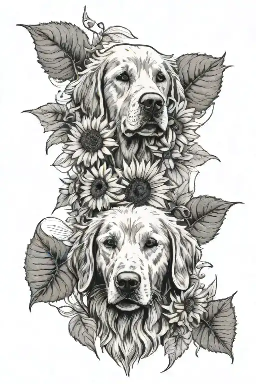 Sunflowers With Beach Scene And Golden Retriever