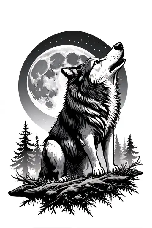 Wolf Howling At The Moon In A Forest