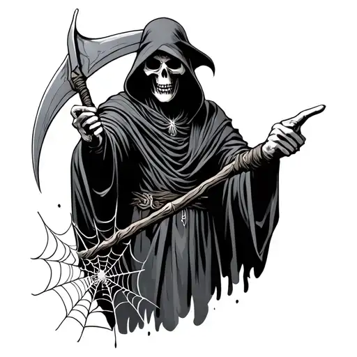 Grim Reaper Pointing While Holding Scythe And Spider Webs