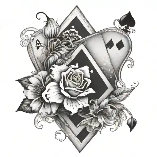 Realistic Flower In Black Gray And White With The Center Being The Queen Of Spades