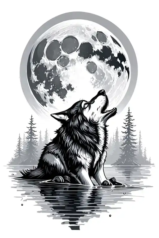 Wolf Howling At The Moon In A Forest Surrounded By Water
