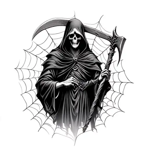 Wicked Grim Reaper Holding Scythe With Spider Webs All Around