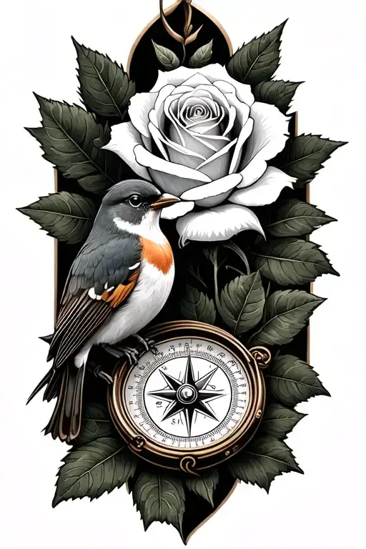 White Rose With A Robin Sat On A Leaf Wrapped Around A Compass With A Set Of Co-ordinates