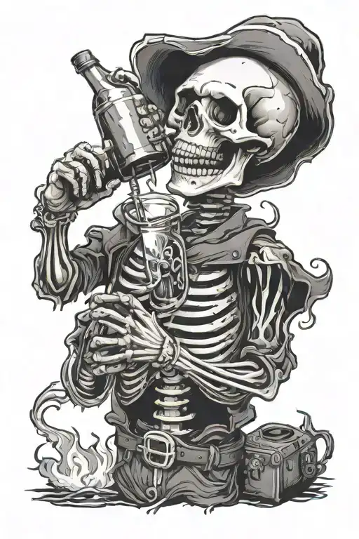 A Happy Skeleton With A Drink In One Hand And A Grenade In Another With A Firey Background