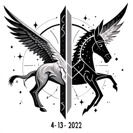Gemini Zodiac Symbol And Sagittarius Zodiac Symbol Mixed Into 1 Sign With The Date 4-13-2022