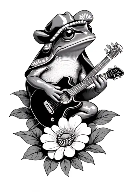 Coqui Frog With A Puerto Rican Cape Playing Guitar While Laying On A Flower