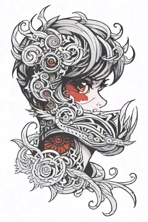 A Black And Red Color Palette Tattoo Of A Stylish Anime Character With Intricate Eye Details