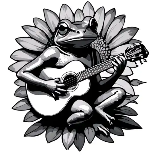 Coqui Frog Playing A Guitar While Sitting On A Evangeline Flower