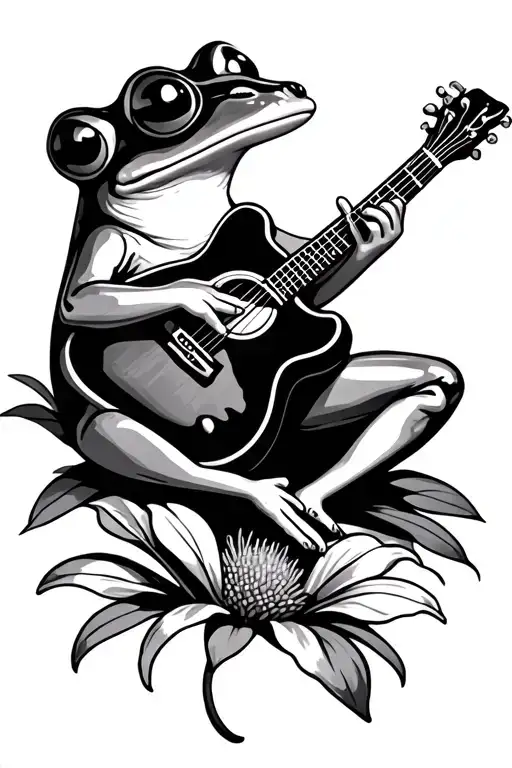Coqui Frog Playing A Guitar While Sitting On A Evangeline Flower