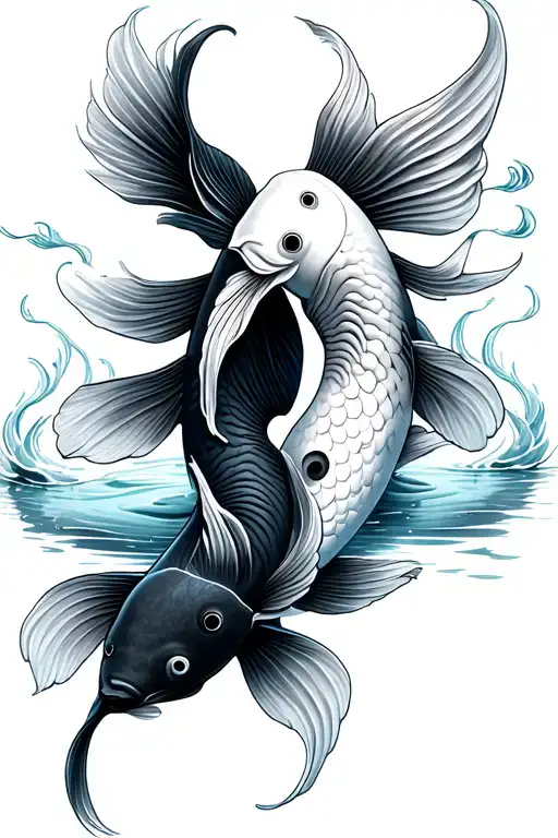 2 Koi Fish At The Bottom Swimming In A Pond Resembling A Ying Yang