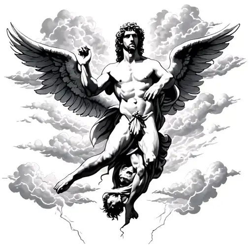 Creation Of Adam With Clouds And Lightening Bolt With A Fallen Angel Below