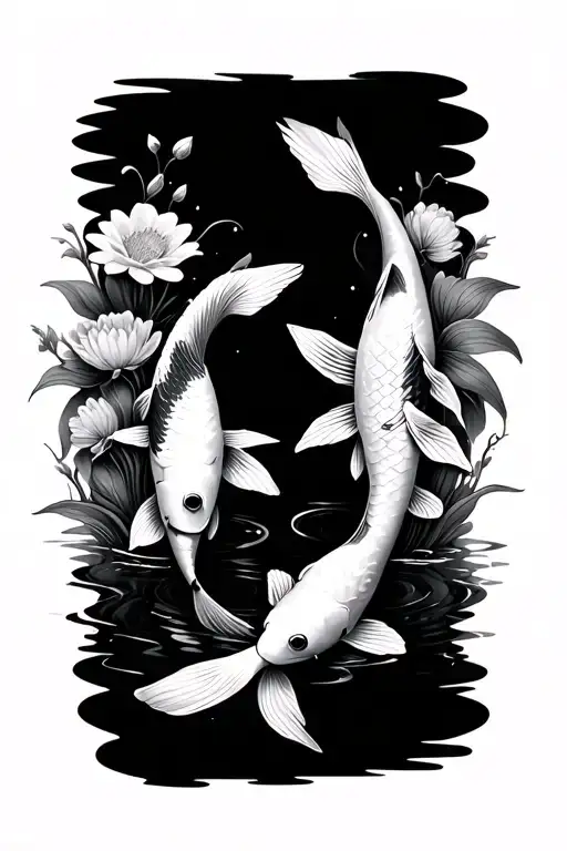 2 Koi Fish At The Bottom Swimming In A Pond Surrounded With Nice Flowers Under The Water