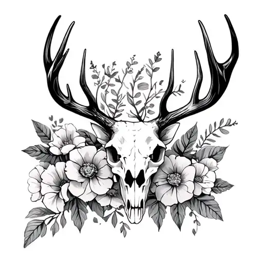 Buck Deer Skull With Flowers Intertwined