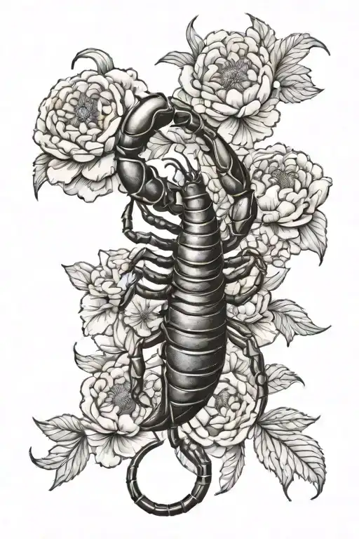 A Detailed Blackwork Tattoo Of A Scorpion Surrounded By Peonies
