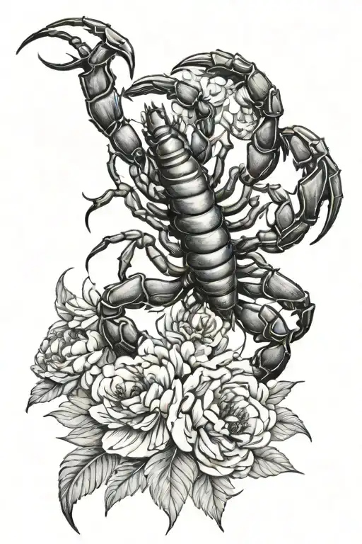 A Detailed Blackwork Tattoo Of A Scorpion Surrounded By Peonies