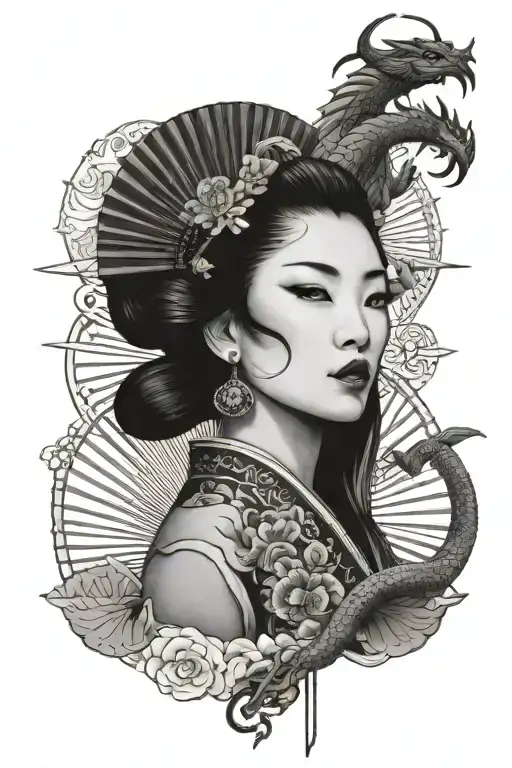 Geisha Holding The Fan In Half Of Her Face Below A Dragon