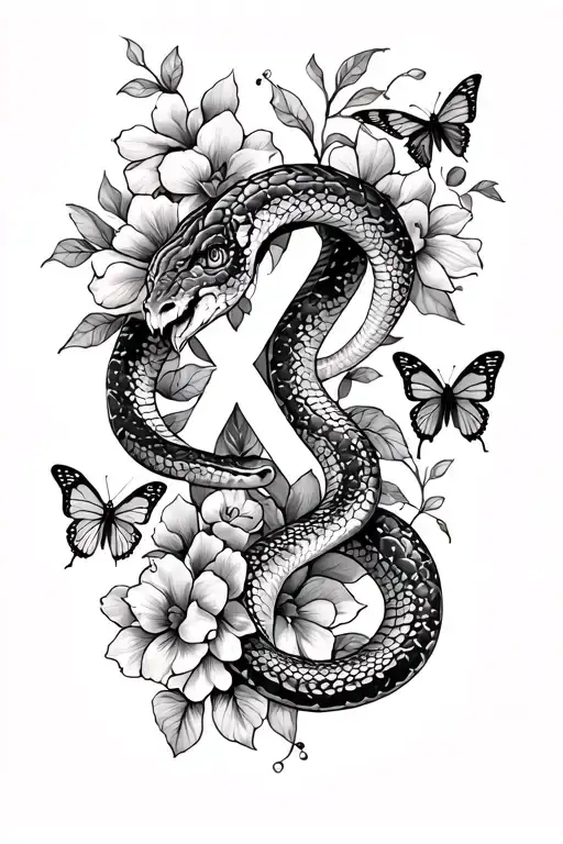 Xo With Hearts And Snakes And Flowers And Butterflies Medium Sized Snakes On Back Going Down Spine