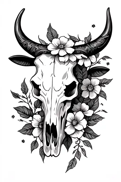 Bull Skull With Flowers And Leather Tooling