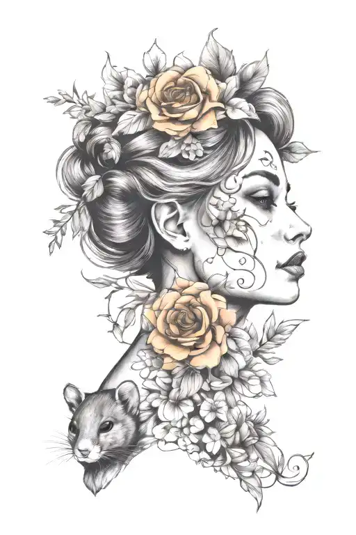 Lady Face With Flowers And Rodent