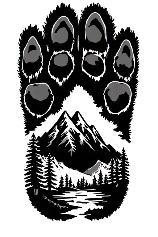 Dog Paw Imprint With Mountains And Forests
