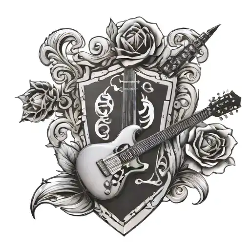 A Family Crest With Elements Of Guitar And Rugby
