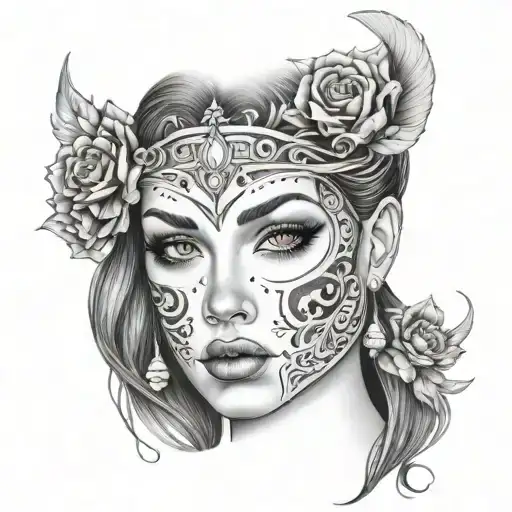 Realistic Mythologic Women Face With Little Tattoo Under One Eye And Lots Of Details