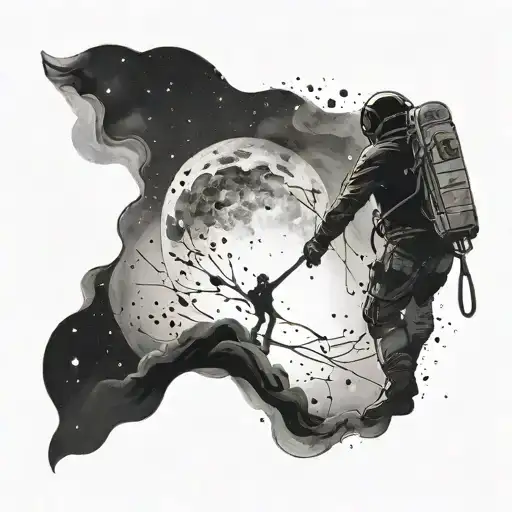 A Black And Grey Nebula With A Silhouette Of A Climber Reaching For A Distant Planet