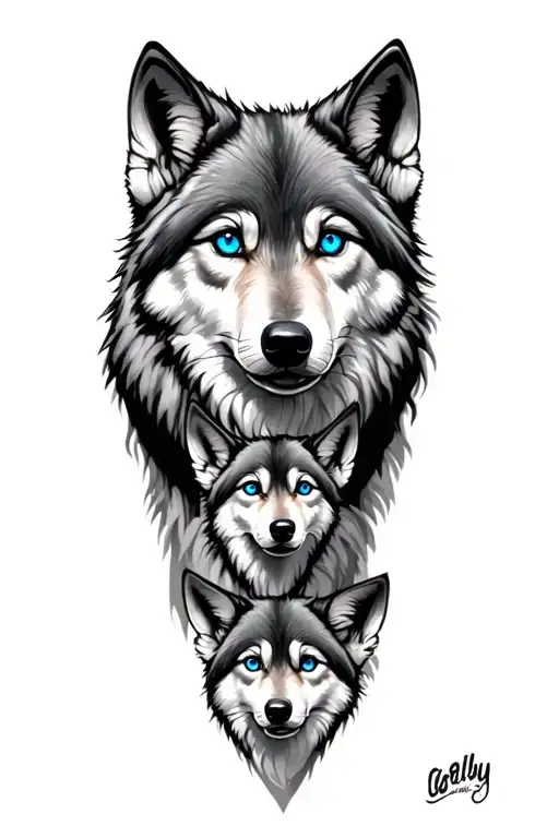 Wolf With Blue Eyes And Three Little Wofles