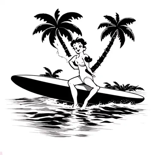 Betty Boop Surfing Under Palm Tree