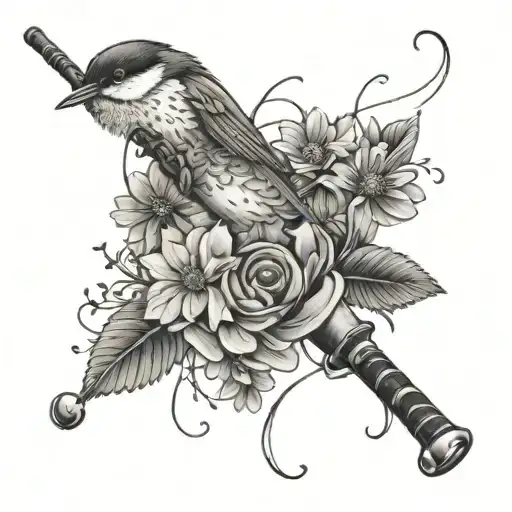 A Black-grey Tattoo Of A Fishing Rod Entwined With Wildflowers And Chickadees