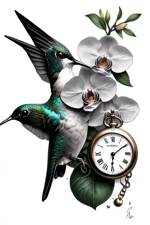 Hummingbird With Orchids And Pocket Watches
