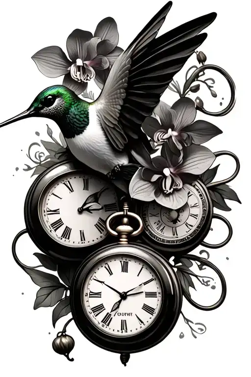 Hummingbird With Orchids And Three Pocket Watches