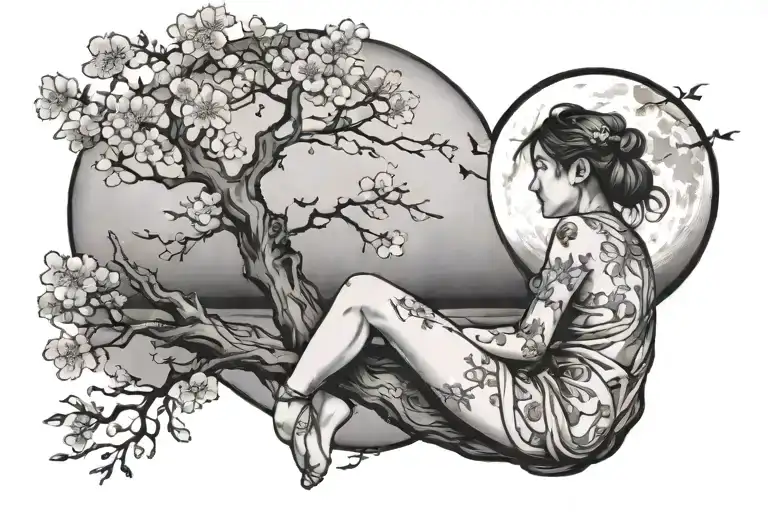 Sakura Tree And Girl Sitting And Moon