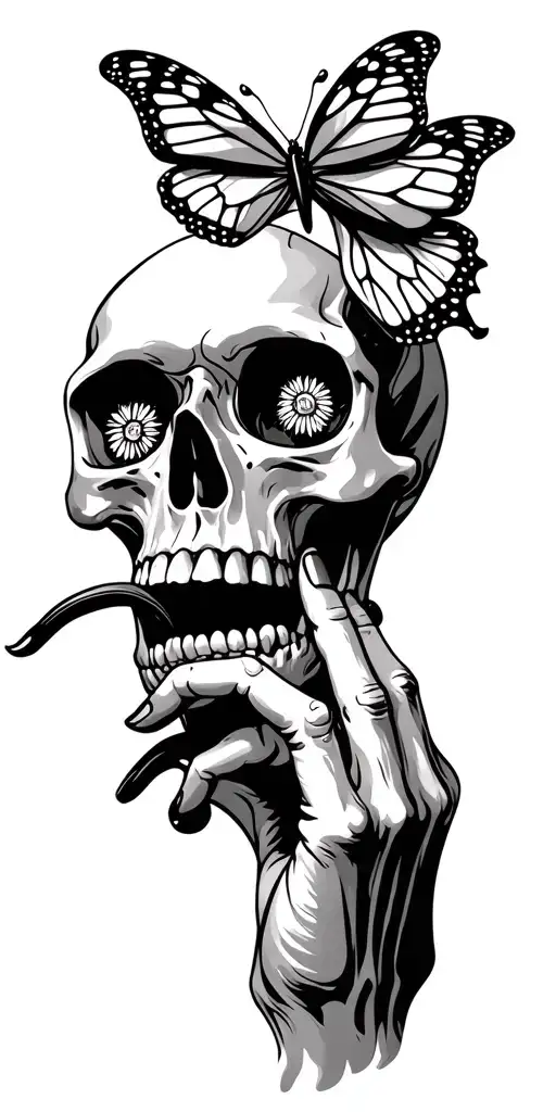 Skull With Butterfly Over Eyes And Finger At Mouth