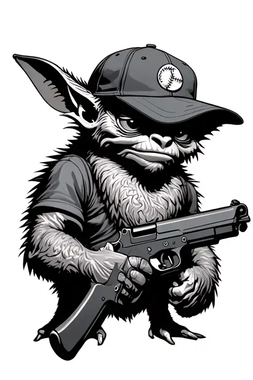 Gremlin Holding A Gun With A Baseball Cap
