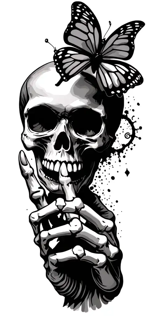 Skull With Butterfly Over Eyes And Skeleton Finger Shhh At Mouth