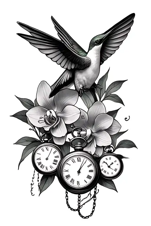 Hummingbird With Orchids And Three Pocket Watches Surrounded