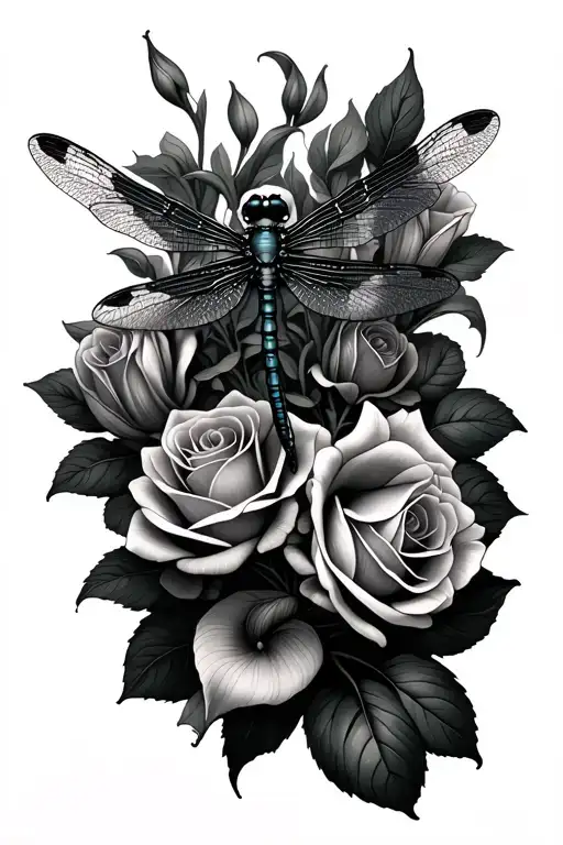 Dragonfly Surrounded By Roses And Calla Lillies