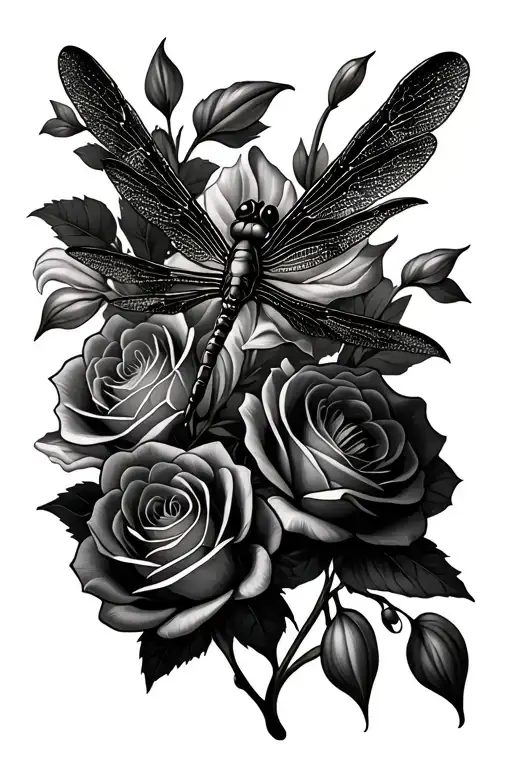 Dragonfly Surrounded By Roses And Calla Lillies