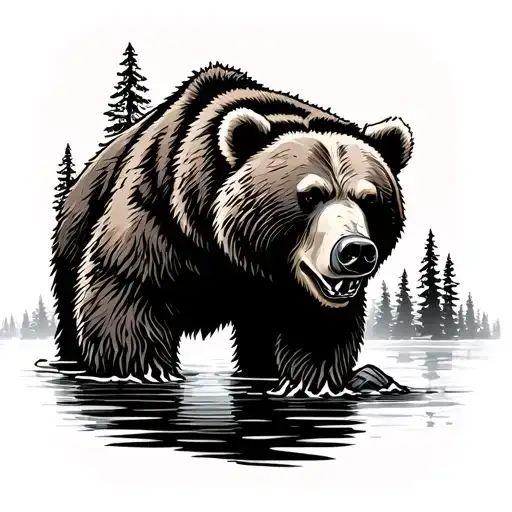 Grizzly Bear With Water And Trees