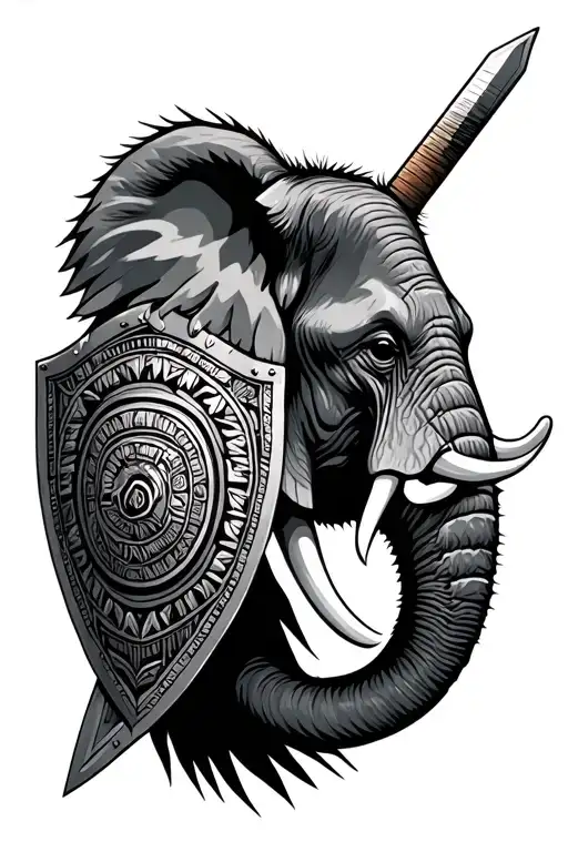 African Elephant Head Profile Wearing Aztec War Sword Shield