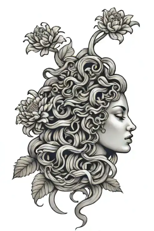 Beautiful Medusa Tatto Surrounded By Flor De Magas In The Back
