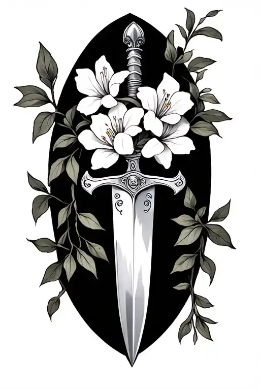 Oleander Flowers And Vines Dangling A Claymore Sword