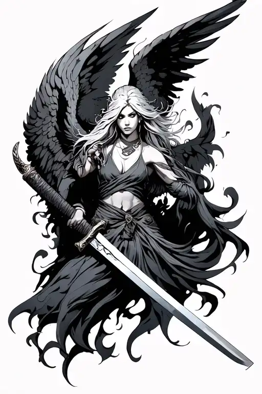 Sketchy Chaotic Angel Holding Katana Blade Wrapped