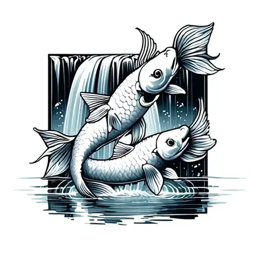 2 Koi Fish In Front Of Waterfall In A Rectangle