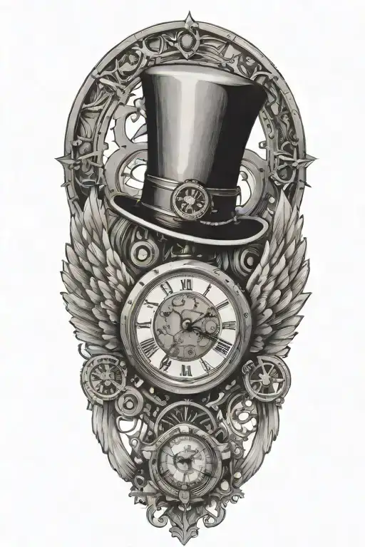 Steampunk Pocket Watch Tattoo Angel Wings With Top Hat And Falling Chain