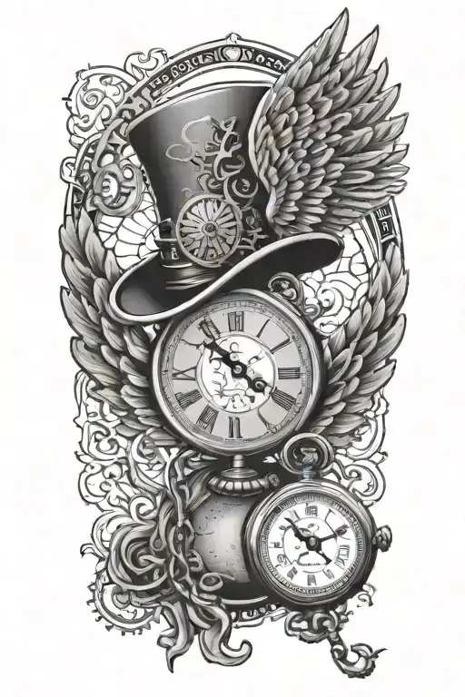 Steampunk Pocket Watch Tattoo Angel Wings With Top Hat And Falling Chain